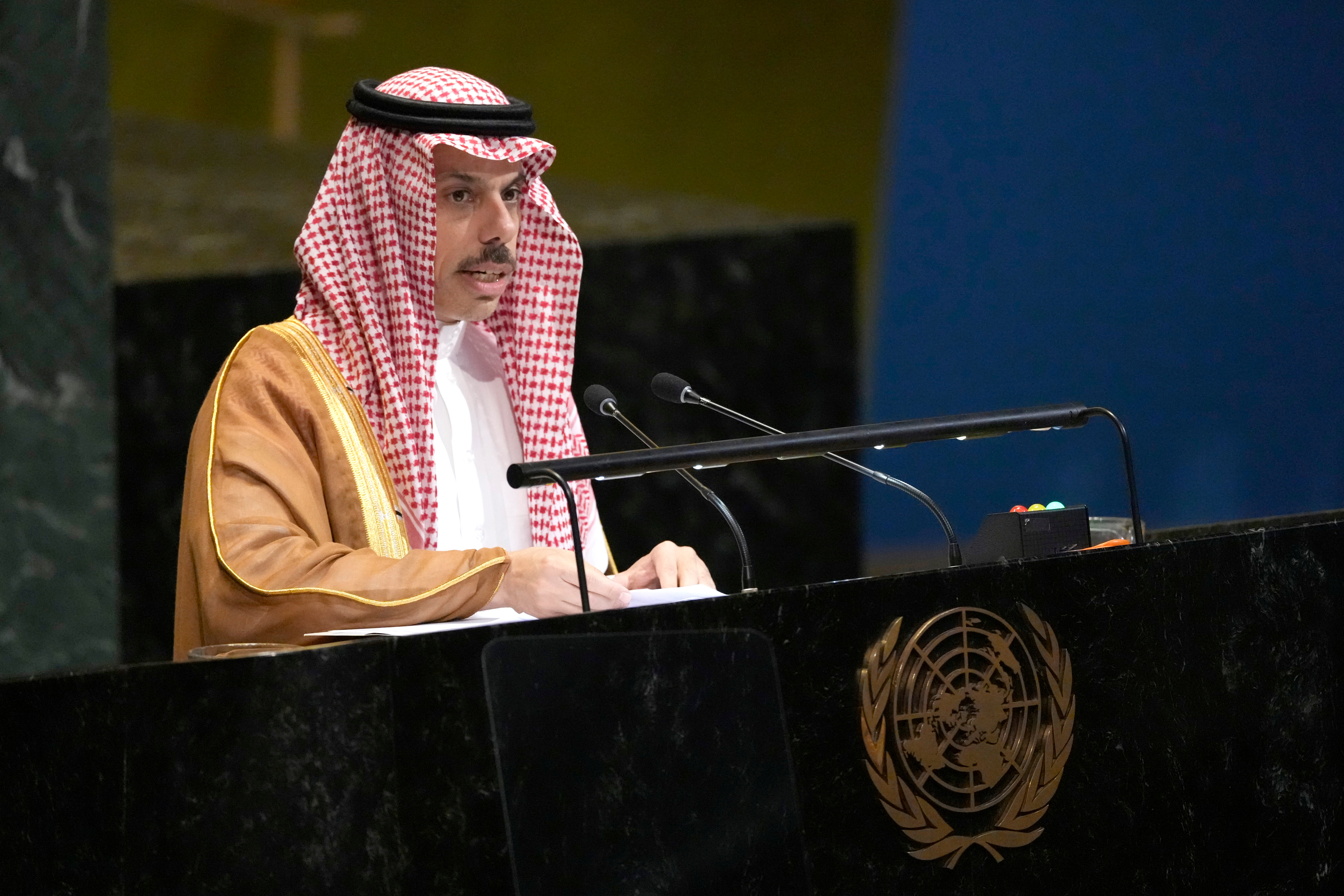 Minister for Foreign Affairs of Saudi Arabia Prince Faisal bin Farhan addresses the 80th session of the United Nations General Assembly, Saturday, Sept. 27, 2025, at UN headquarters. (AP)